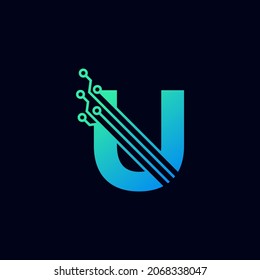 Logo de la carta técnica U. Plantilla de logotipo vectorial futurista con color gradiente verde y azul. Forma geométrica. Usable para Logos de Negocios y Tecnología.