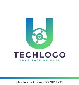 Logo de la carta técnica U. Forma geométrica verde con círculo de puntos conectado como vector de logotipo de red. Usable para Logos de Negocios y Tecnología.