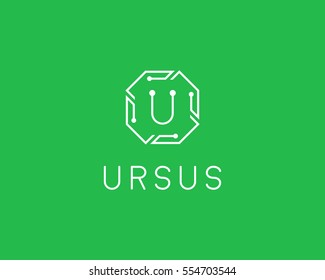 Tech letter U logotype. Line art chip creative sign symbol. Science universal vector logo icon.