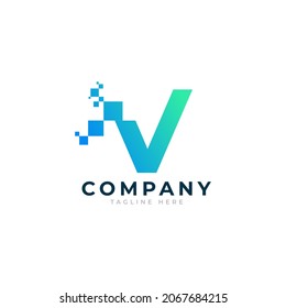 Tech Letter V Logo. Blue and Green Geometric Shape with Square Pixel Dots. Usable for Business and Technology Logos. Design Ideas Template Element.