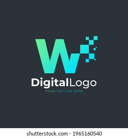 Tech Letter W Logo. Blue and Green Geometric Shape with Square Pixel Dots. Usable for Business and Technology Logos. Design Ideas Template Element.