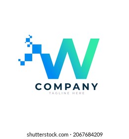 Tech Letter W Logo. Blue and Green Geometric Shape with Square Pixel Dots. Usable for Business and Technology Logos. Design Ideas Template Element.