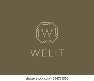 Tech letter W logotype. Line art chip creative sign symbol. Science universal vector logo icon.