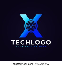 Tech Letter X Logo. Blue Geometric Shape with Dot Circle Connected as Network Logo Vector. Usable for Business and Technology Logos.