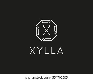 Tech letter X logotype. Line art chip creative sign symbol. Science universal vector logo icon.