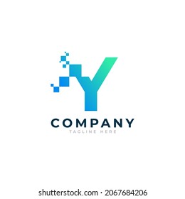 Tech Letter Y Logo. Blue and Green Geometric Shape with Square Pixel Dots. Usable for Business and Technology Logos. Design Ideas Template Element.