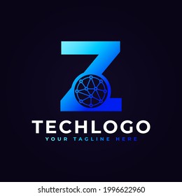 Tech Letter Z Logo. Blaue geometrische Form mit Dot Circle verbunden als Netzwerk-Logo-Vektorgrafik. Für Unternehmens- und Technologielogos geeignet.