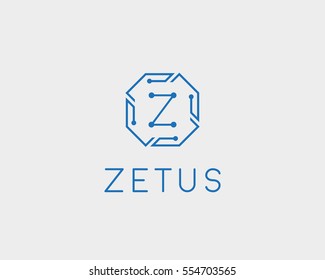 Tech letter Z logotype. Line art chip creative sign symbol. Science universal vector logo icon.
