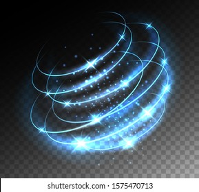 Tech light storm effect. Illuminated circle spin waves swirl, spinning flare lights, glow rings motion shape vector illustration