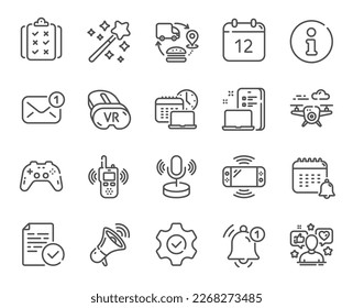 Tech line icons. Game console, Joystick gamepad and Quiz report set. Microphone tech, Radio set and Report reminder icons. Annual calendar, supply chain and notice alert. Social media user. Vector