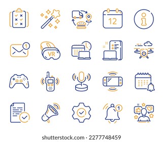 Tech line icons. Game console, Joystick gamepad and Quiz report set. Microphone tech, Radio set and Report reminder icons. Annual calendar, supply chain and notice alert. Social media user. Vector