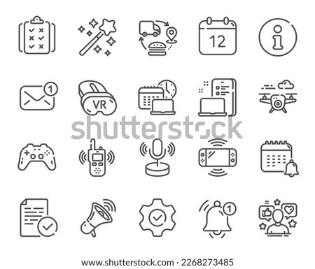 Tech line icons. Game console, Joystick gamepad and Quiz report set. Microphone tech, Radio set and Report reminder icons. Annual calendar, supply chain and notice alert. Social media user. Vector
