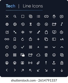 Tech line Icons Set: Mobile, Communication, Security, Cloud, and Social Media Symbols. UI icon collection
