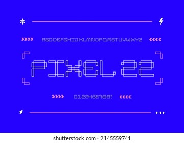 Tech Line pixel font. Cyber display type. Modern alphabet. Futuristic interface design. Vector typography illustration