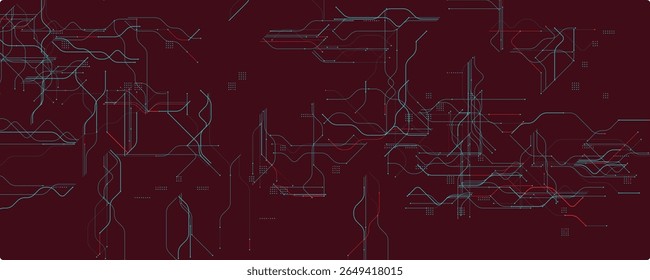 Tech Lines On Dark Red. Abstract Circuit Design with Flowing Blue and Red Connections. Ideal for Data, AI, Cyber Interfaces, and Futuristic Tech Presentations. Vector Illustration.