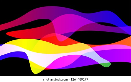 Tech Liquid Background. Bright Neon Futuristic Design for Print, Cover, Poster. Gradient Shapes on Black Background.