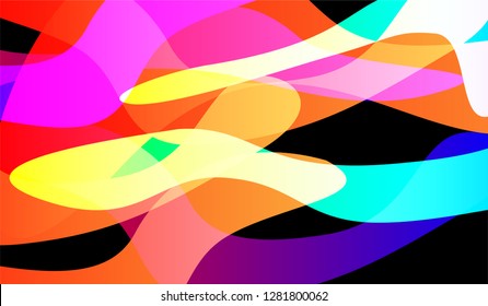 Tech Liquid Background. Bright Neon Dynamic Design for Wallpaper, Brochure, Placard. Gradient Shapes on Black Background.