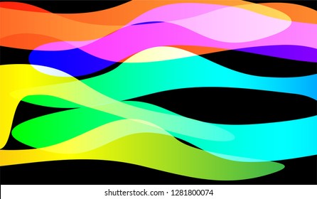 Tech Liquid Background. Bright Neon Futuristic Design for Card, Cover, Banner. Gradient Shapes on Black Background.