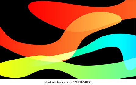 Tech Liquid Background. Bright Neon Dynamic Design for Card, Cover, Banner. Gradient Shapes on Black Background.