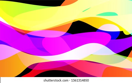 Tech Liquid Background. Bright Neon Futuristic Design for Wallpaper, Brochure, Placard. Gradient Shapes on Black Background.