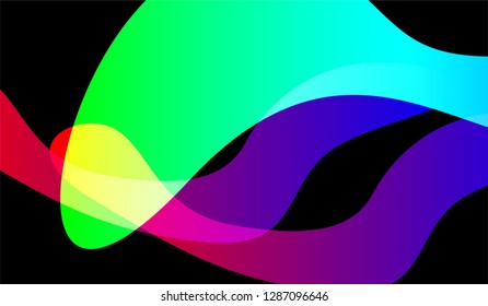 Tech Liquid Background. Colorful Neon Trendy Design for Print, Brochure, Placard. Gradient Shapes on Black Background.