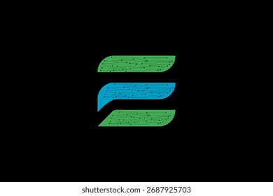 Tech logo with 3 wavy shapes – green circuit pattern and solid blue on black, vector for digital branding