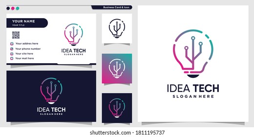 Tech logo with creative idea light bulb line art style and business card design template. Technology smart idea concept. Premium Vector
