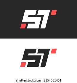 Tech logo, initials TS or ST letters monogram italic font monoline style, combination two black and white letters S and T with red squares geometric shape.