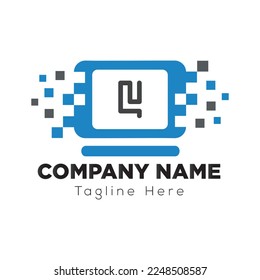 Logo Tecnológico En Plantilla De Letra 4. Logotipo técnico en 4 letras, plantilla inicial de concepto de signo técnico
