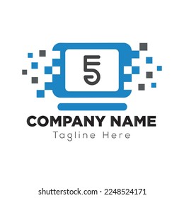 Logo Tecnológico En Plantilla De Letra 5. Logotipo técnico en 5 letras, plantilla inicial de concepto de signo técnico
