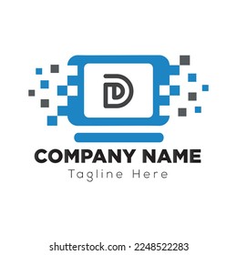 Tech Logo On Letter D Template. Tech Logo On D Letter, Initial Tech Sign Concept Template