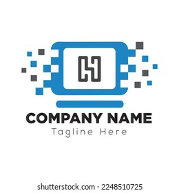 Tech Logo On Letter H Template. Tech Logo On H Letter, Initial Tech Sign Concept Template