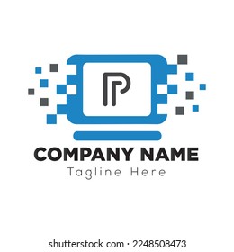 Tech Logo On Letter P Template. Tech Logo On P Letter, Initial Tech Sign Concept Template