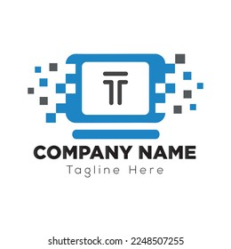 Logo Tecnológico En Plantilla De Letra T. Logotipo técnico en letra T, plantilla inicial de concepto de signo técnico