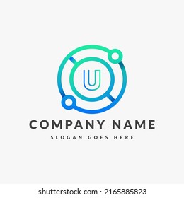 Tech Logo On Letter U Template. Tech On U Letter, Initial Tech Sign Concept 