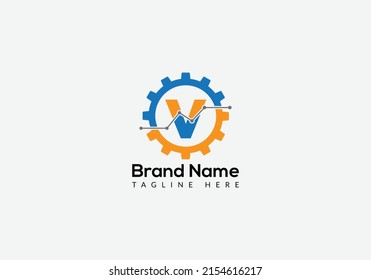 Tech Logo On Letter V Template. Tech Logo On V Letter, Initial Tech Sign Concept Template
