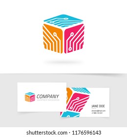 Tech logo vector illustration, red color technology logotype with circuit or electronic board in cube shape symbol and business card design