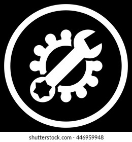 Tech Maintenance vector icon. Image style is a flat icon symbol inside a circle, white color, black background.