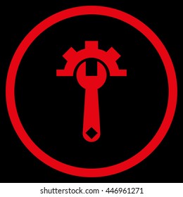 Tech Maintenance vector icon. Image style is a flat icon symbol inside a circle, red color, black background.