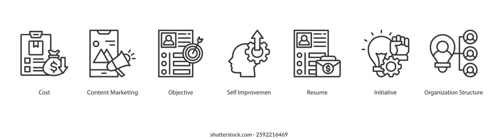 Tech Marketplace Icon Sheet cost, content marketing, objective, self improvemen, resume, initiative, organization structure