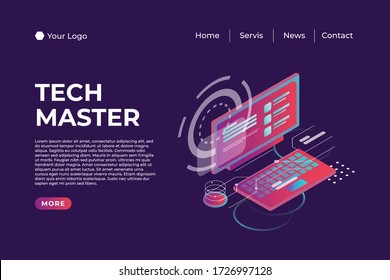 tech master web landing page isometric 3d design concept with colorful styles