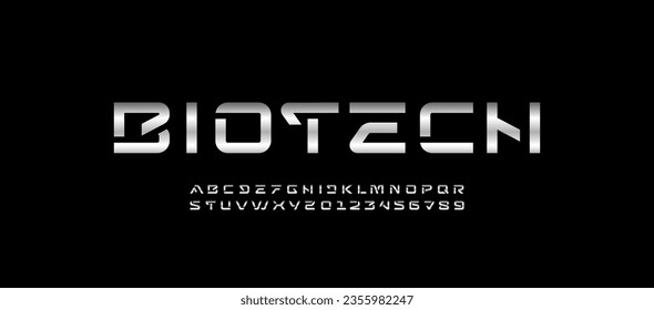 Tech metallic font, digital alphabet, thick Latin letters A, B, C, D, E, F, G, H, I, J, K, L, M, N, O, P, Q, R, S, T, U, V, W, X, Y, Z and Arab numerals 0, 1, 2, 3, 4, 5, 6, 7, 8, 9 made in design cyb