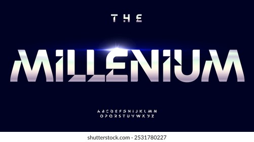 Tech metallic font, futuristic angular letters, bold digital headline, geometric cutting edge design, sci-fi typography. Vector typeset.