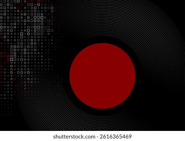 Tech minimal geometric abstract black background with red circle and square dots. Vector concept graphic design