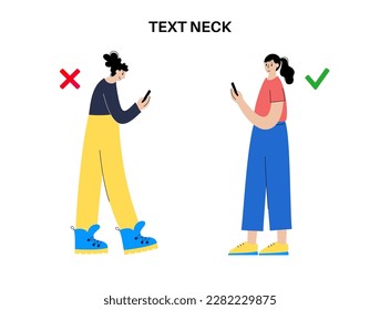 Tech neck or cervical kyphosis posture. Incorrect position for using a smartphone. Neck spasm, pain in spine, stiffness and tightness in shoulders. Cause of hump in male body flat vector illustration.