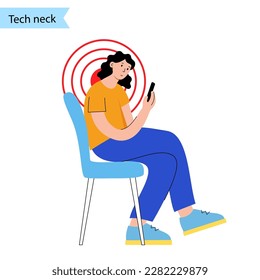 Tech neck or cervical kyphosis posture. Incorrect position for using a smartphone. Neck spasm, pain in spine, stiffness and tightness in shoulders. Cause of hump in male body flat vector illustration.