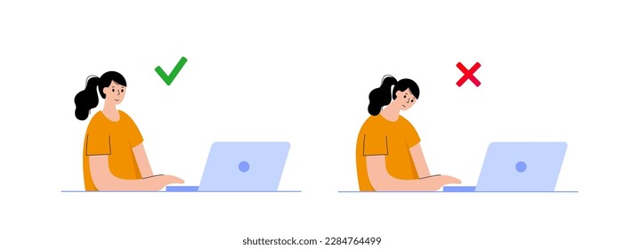 Tech neck or cervical kyphosis posture. Incorrect position for sitting at the computer. Neck spasm, pain in spine, stiffness and tightness in shoulders. Cause of hump in male body vector illustration