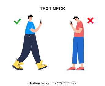 Tech neck or cervical kyphosis posture. Incorrect position for using a smartphone. Neck spasm, pain in spine, stiffness and tightness in shoulders. Cause of hump in male body flat vector illustration.