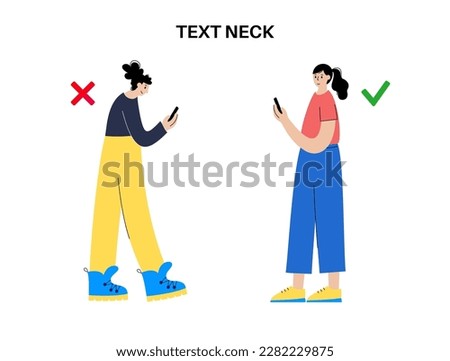 Tech neck or cervical kyphosis posture. Incorrect position for using a smartphone. Neck spasm, pain in spine, stiffness and tightness in shoulders. Cause of hump in male body flat vector illustration.