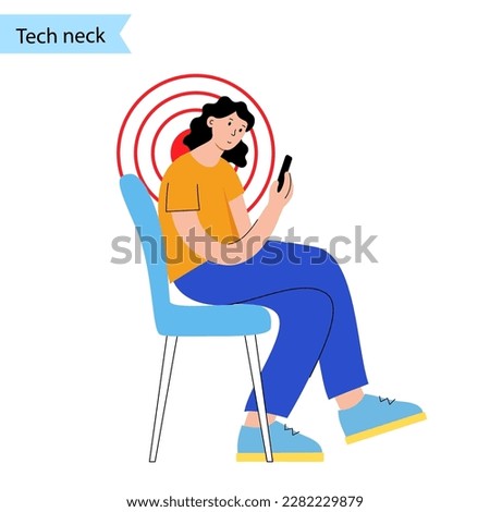 Tech neck or cervical kyphosis posture. Incorrect position for using a smartphone. Neck spasm, pain in spine, stiffness and tightness in shoulders. Cause of hump in male body flat vector illustration.